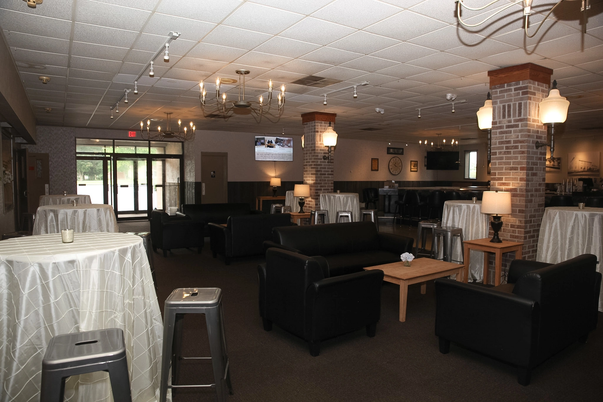 A darker dining room area
